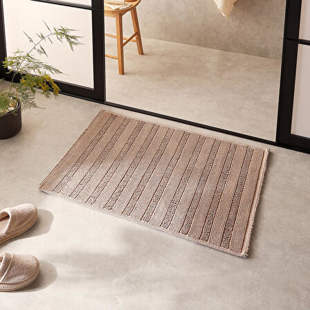 Ocean Home Textile Yıkanabilir Pamuklu Bej Renk Çizgi Desen Banyo Paspası 60 x 90 cm