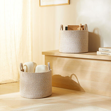 Ocean Home Textile 2'li Bej Kırçıllı Pamuklu Halat Sepet Set 35 x 27 cm