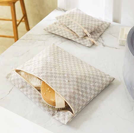 Ocean Home Textile 3'lü Su Geçirmez Pvc Astarlı Gri Dama Desen Islak Kuru Çantası 20 x 13 / 24 x 20 / 30 x 24 cm
