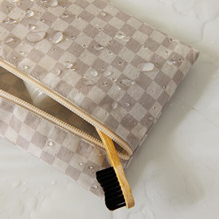 Ocean Home Textile 3'lü Su Geçirmez Pvc Astarlı Gri Dama Desen Islak Kuru Çantası 20 x 13 / 24 x 20 / 30 x 24 cm