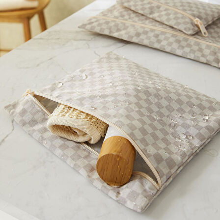 Ocean Home Textile 3'lü Su Geçirmez Pvc Astarlı Gri Dama Desen Islak Kuru Çantası 20 x 13 / 24 x 20 / 30 x 24 cm
