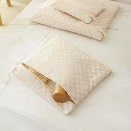 Ocean Home Textile 3'lü Su Geçirmez Pvc Astarlı Bej Dama Desen Islak Kuru Çantası 20 x 13 / 24 x 20 / 30 x 24 cm