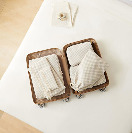Ocean Home Textile 6'lı Yıkanabilir Gri Dama Desen Pamuklu Bavul İçi Düzenleyici Set