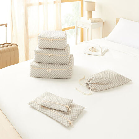 Ocean Home Textile 6'lı Yıkanabilir Gri Dama Desen Pamuklu Bavul İçi Düzenleyici Set