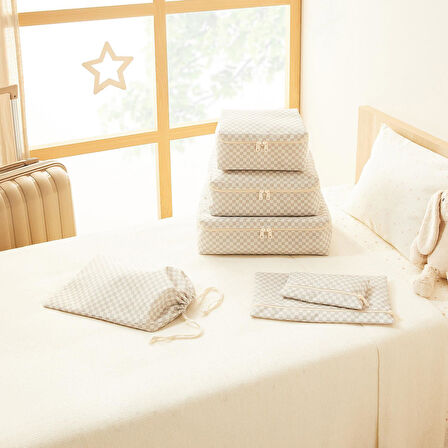 Ocean Home Textile 6'lı Yıkanabilir Gri Dama Desen Pamuklu Bavul İçi Düzenleyici Set