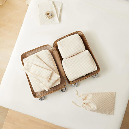 Ocean Home Textile 6'lı Yıkanabilir Bej Dama Desen Pamuklu Bavul İçi Düzenleyici Set