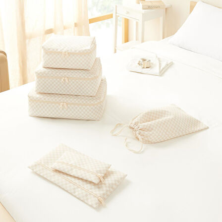 Ocean Home Textile 6'lı Yıkanabilir Bej Dama Desen Pamuklu Bavul İçi Düzenleyici Set