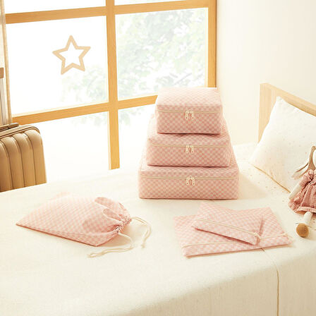 Ocean Home Textile 6'lı Pembe Dama Desen Pamuklu Bavul İçi Düzenleyici Set