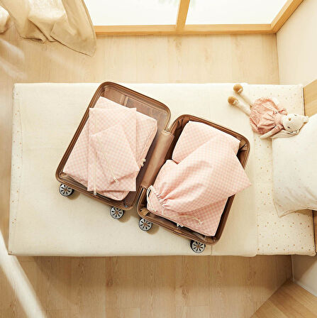 Ocean Home Textile 6'lı Pembe Dama Desen Pamuklu Bavul İçi Düzenleyici Set