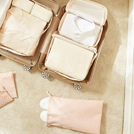 Ocean Home Textile 6'lı Pembe Dama Desen Pamuklu Bavul İçi Düzenleyici Set