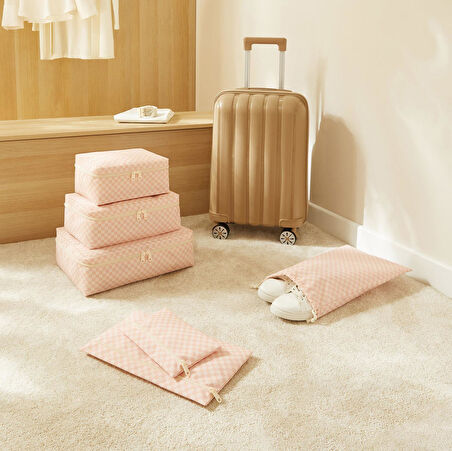 Ocean Home Textile 6'lı Pembe Dama Desen Pamuklu Bavul İçi Düzenleyici Set