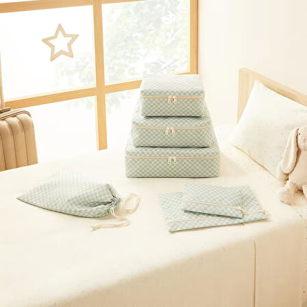 Ocean Home Textile 6'lı Mint Dama Desen Pamuklu Bavul İçi Düzenleyici Set