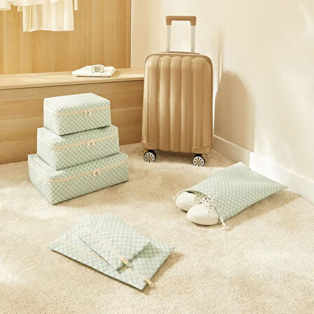Ocean Home Textile 6'lı Mint Dama Desen Pamuklu Bavul İçi Düzenleyici Set