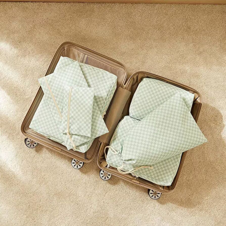 Ocean Home Textile 6'lı Mint Dama Desen Pamuklu Bavul İçi Düzenleyici Set