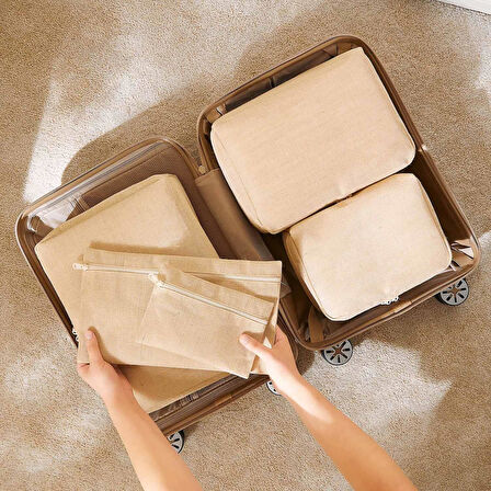 Ocean Home Textile 6'lı Jüt Keten Kumaş Bavul İçi Düzenleyici Set