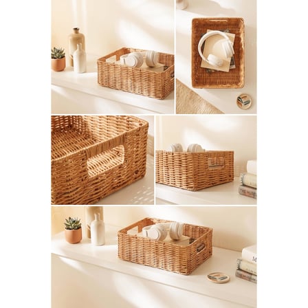 Ocean Home Textile Yıkanabilir Bej PP Rattan Sepet 36 x 26 x 12 cm
