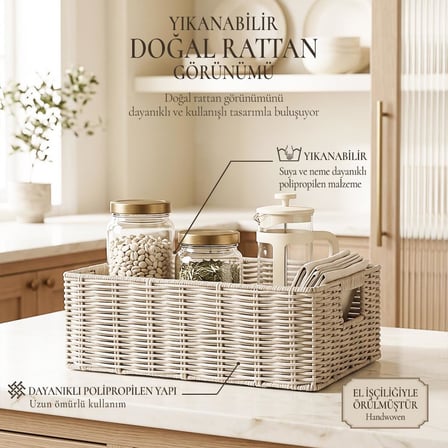Ocean Home Textile Yıkanabilir Gri PP Rattan Sepet 39 x 29 x 13 cm