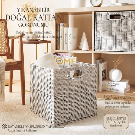 Ocean Home Textile Yıkanabilir Gri PP Rattan Sepet 33 x 33 x 33 cm