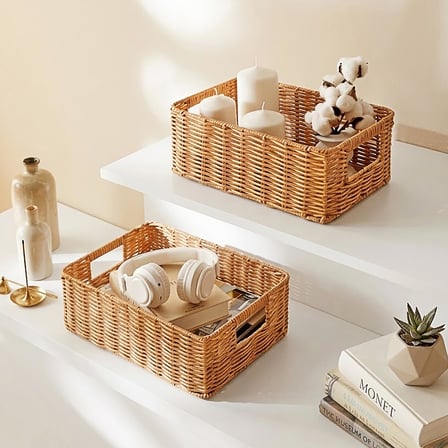 Ocean Home Textile 2'li Yıkanabilir Bej PP Rattan Sepet Set 30 x 20 x 11 / 36 x 26 x 12 cm
