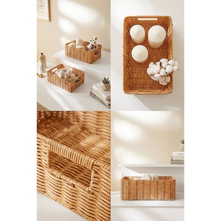 Ocean Home Textile 2'li Yıkanabilir Bej PP Rattan Sepet Set 30 x 20 x 11 / 36 x 26 x 12 cm