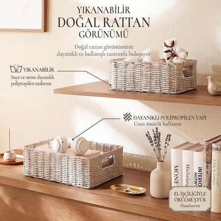 Ocean Home Textile 2'li Yıkanabilir Gri PP Rattan Sepet Set 30 x 20 x 11 / 36 x 26 x 12 cm