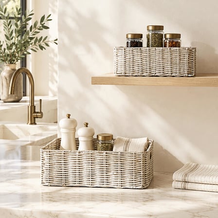 Ocean Home Textile 2'li Yıkanabilir Gri PP Rattan Sepet Set 30 x 20 x 11 / 36 x 26 x 12 cm