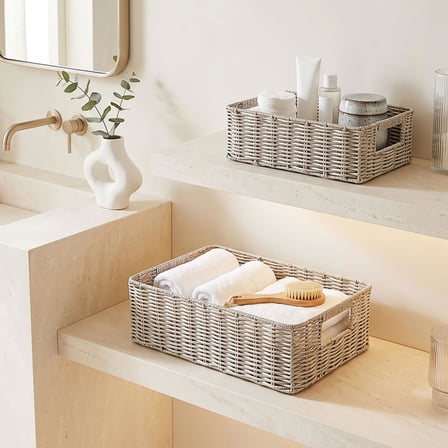 Ocean Home Textile 2'li Yıkanabilir Gri PP Rattan Sepet Set 30 x 20 x 11 / 36 x 26 x 12 cm