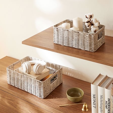 Ocean Home Textile 2'li Yıkanabilir Gri PP Rattan Sepet Set 30 x 20 x 11 / 36 x 26 x 12 cm