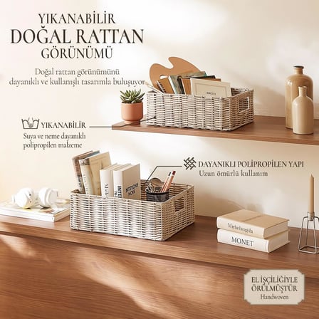 Ocean Home Textile 2'li Yıkanabilir Gri PP Rattan Sepet Set 33 x 23 x 11 / 39 x 29 x 13 cm