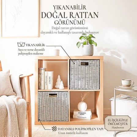 Ocean Home Textile 2'li Yıkanabilir Gri PP Rattan Sepet Set 33 x 33 x 33 cm