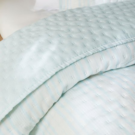 Ocean Home Textile Pamuklu Kapitoneli Açık Mavi Renk Çizgi Desen Çift Kişilik Yatak Örtüsü Seti 1 Adet 250 x 230 / 2 Adet 50 x 70 cm