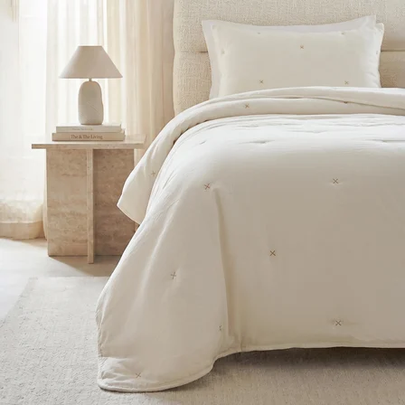 Ocean Home Textile Nakışlı Ekru Tek Kişilik Yatak Örtüsü Seti 1 Adet 180 x 230 / 1 Adet 50 x 70 cm