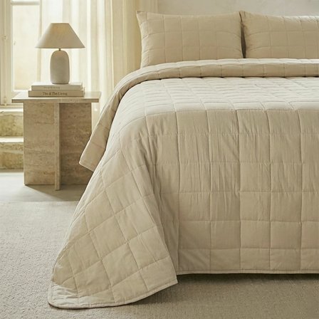 Ocean Home Textile %100 Pamuk Kumaş Kapitoneli Bej Çok Amaçlı Çift Kişilik Yatak Örtüsü Seti 1 Adet 250 x 230 / 2 Adet 50 x 70 cm