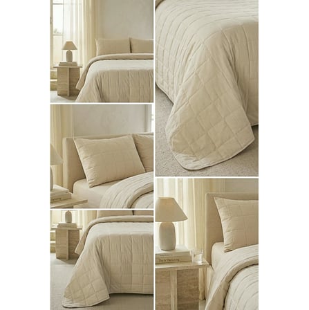 Ocean Home Textile %100 Pamuk Kumaş Kapitoneli Bej Çok Amaçlı Çift Kişilik Yatak Örtüsü Seti 1 Adet 250 x 230 / 2 Adet 50 x 70 cm