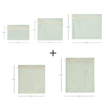 Ocean Home Textile 5'li Su Geçirmez Pvc Astarlı Mint Dama Desen Islak Kuru Çanta Seti 20 x 13 / 24 x 20 / 30 x 24 / 28 x 30 / 30 x 36 cm