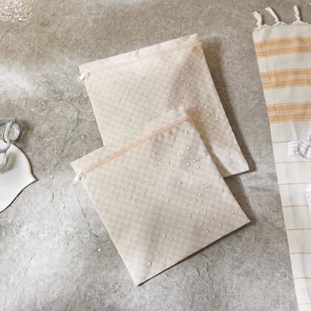 Ocean Home Textile 5'li Su Geçirmez Pvc Astarlı Bej Dama Desen Islak Kuru Çanta Seti 20 x 13 / 24 x 20 / 30 x 24 / 28 x 30 / 30 x 36 cm