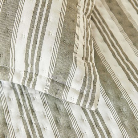 Ocean Home Textile Pamuklu Kapitoneli Haki Renk Çizgi Desen Çift Kişilik Yatak Örtüsü Seti 1 Adet 250 x 230 / 2 Adet 50 x 70 cm