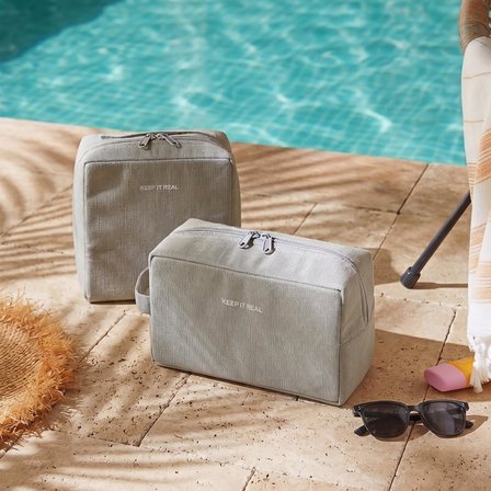 Ocean Home Textile 2'li Termal Astarlı Su İtici Leke Tutmaz Gri Renk Jüt Keten Makyaj İlaç Çantası Seti 25 x 15 x 12.5 / 20 x 21 x 11 cm