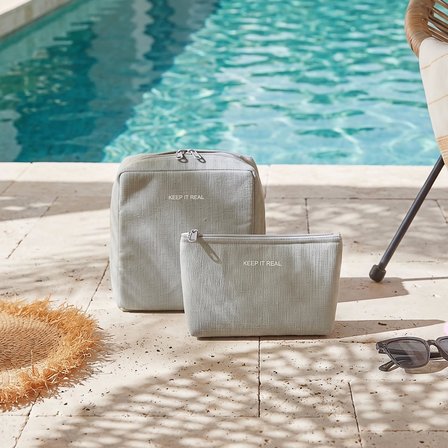 Ocean Home Textile 2'li Termal Astarlı Su İtici Leke Tutmaz Gri Renk Jüt Keten Makyaj İlaç Çantası Seti 19 x 13 x 7 / 20 x 21 x 11 cm