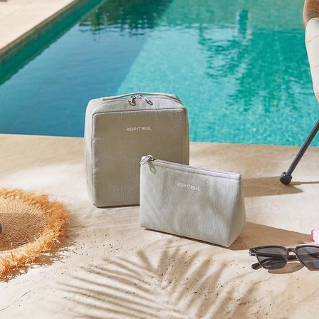 Ocean Home Textile 2'li Termal Astarlı Su İtici Leke Tutmaz Gri Renk Jüt Keten Makyaj İlaç Çantası Seti 19 x 13 x 7 / 20 x 21 x 11 cm