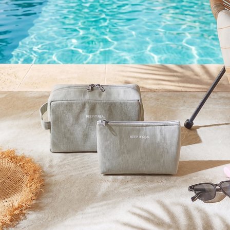 Ocean Home Textile 2'li Termal Astarlı Su İtici Leke Tutmaz Gri Renk Jüt Keten Makyaj İlaç Çantası Seti 19 x 13 x 7 / 25 x 15 x 12.5 cm