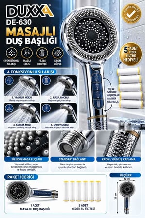 Duxxa DE-630 Filtreli Masajlı Duş Başlığı 4 Farklı Su Akış Modu + 5 Adet Yedek Filtreli