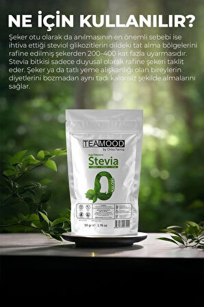 TEAMOOD Stevia Doğal Tatlandırıcı Şeker Otu Yağı - Şekersiz Kalorisiz Yağsız Vegan Stevya Yaprağı - 50 gr