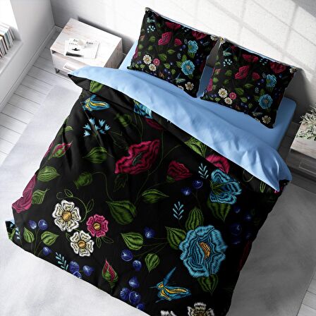 Monohome Flower Black 3D Temalı Pamuk Saten Çift Kişilik Nevresim Takımı