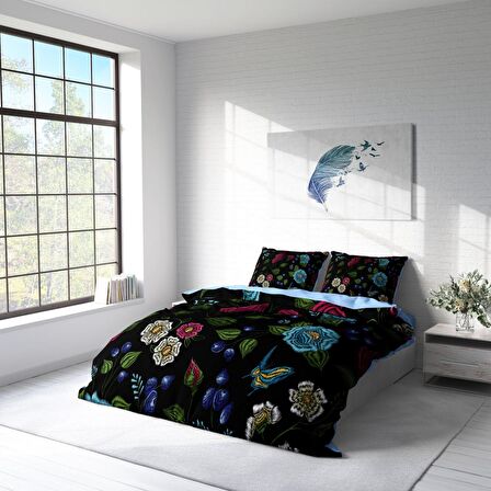 Monohome Flower Black 3D Temalı Pamuk Saten Çift Kişilik Nevresim Takımı