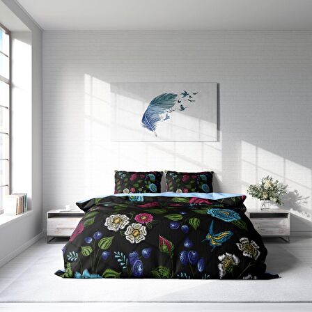 Monohome Flower Black 3D Temalı Pamuk Saten Çift Kişilik Nevresim Takımı