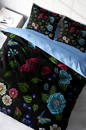Nevresim Takımı %100 Doğal Pamuk Çift Kişilik 3d Digital Flower Black