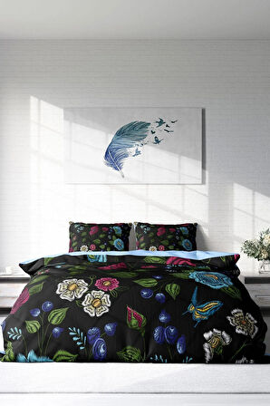 Nevresim Takımı %100 Doğal Pamuk Çift Kişilik 3d Digital Flower Black
