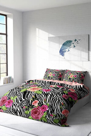 Nevresim Takımı %100 Doğal Pamuk Çift Kişilik 3d Digital Zebra Flower