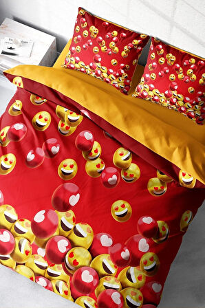 Nevresim Takımı %100 Doğal Pamuk Çift Kişilik 3d Digital Emoji In Red